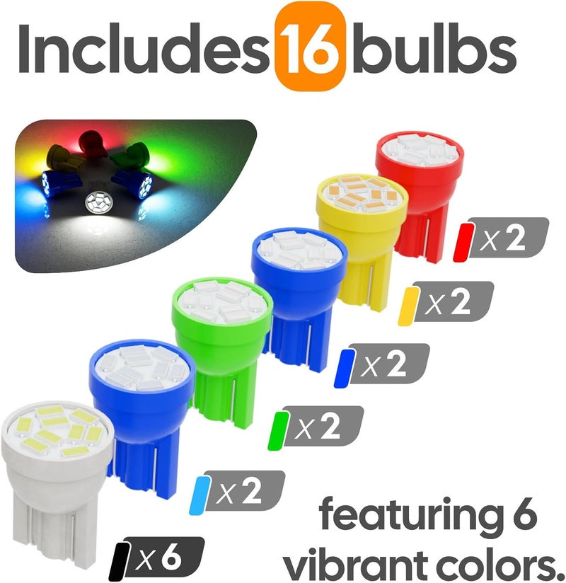 Siweex 194 LED Bulbs 2825 168 W5W T10 9SMD Replacement Bulb for Car Interior Dome Map Door Dashboard License Plate Lights, Pack of 16 (6 White, 2 Red, 2 Amber, 2 Blue,2 Green,2 Ice Blue) - Image 2